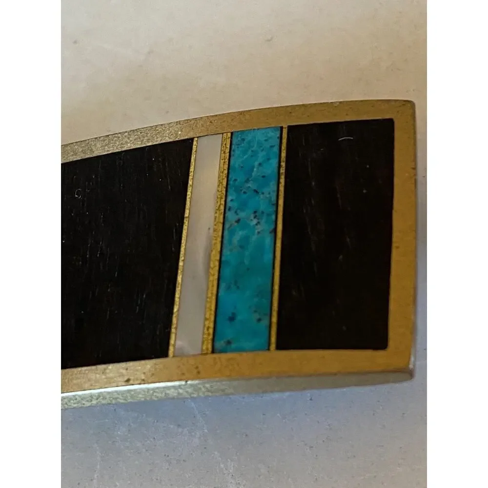 MIKE ROGERS Artist Custom Belt Buckle Albuquerque, NM, Vintage Brass Turquoise